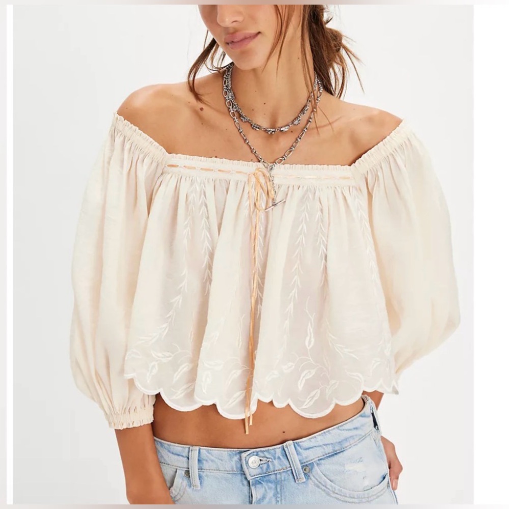 Free People Cream Off-Shoulder Embroidered Peasant Top